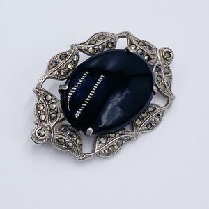 Vintage Art Deco Sterling Silver Marcasite & Black Onyx Brooch Pin